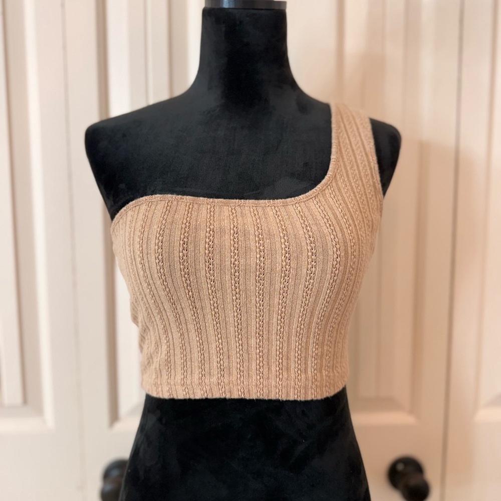 Tan One-Shoulder Knit Crop Top